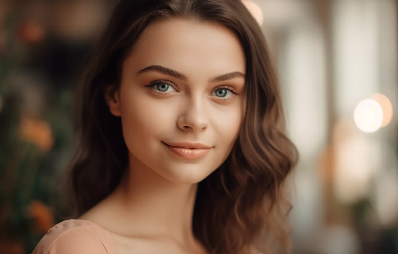 Photo wallpaper look, girl, face, arrows, portrait, brown hair, grey eyes, long hair