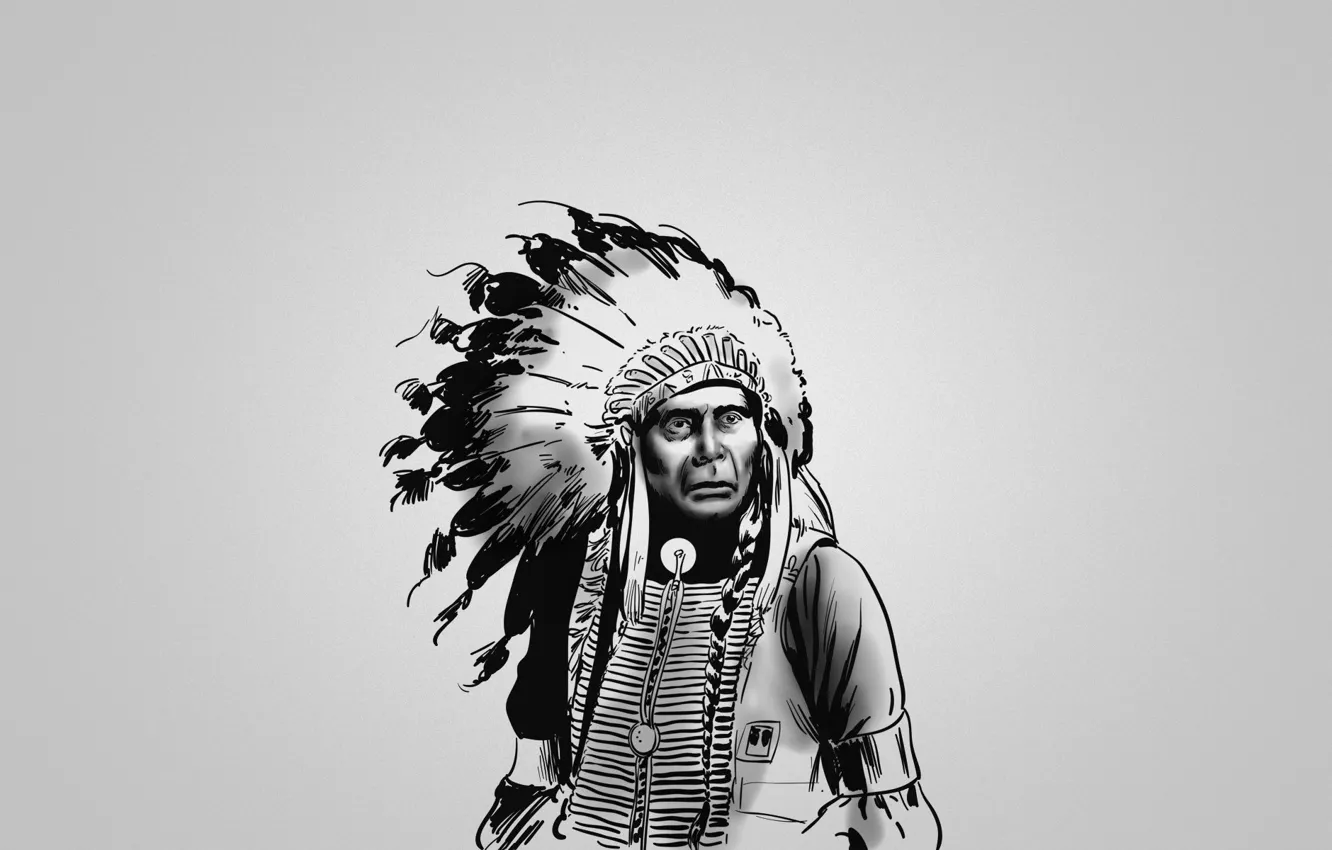 Photo wallpaper black and white, feathers, serious, Indian, red, the leader
