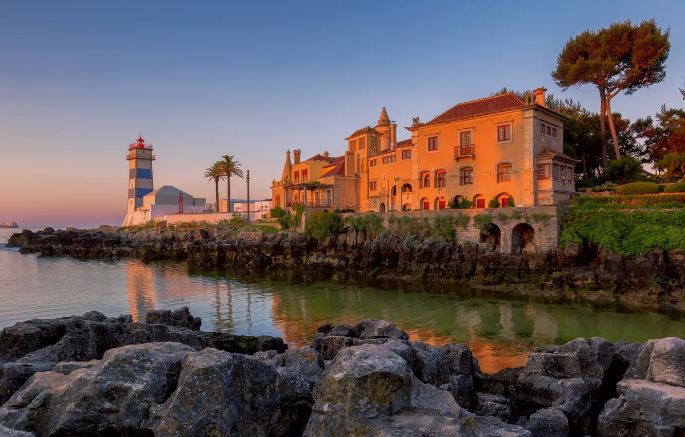 Photo wallpaper landscape, the city, stones, the ocean, dawn, lighthouse, building, home