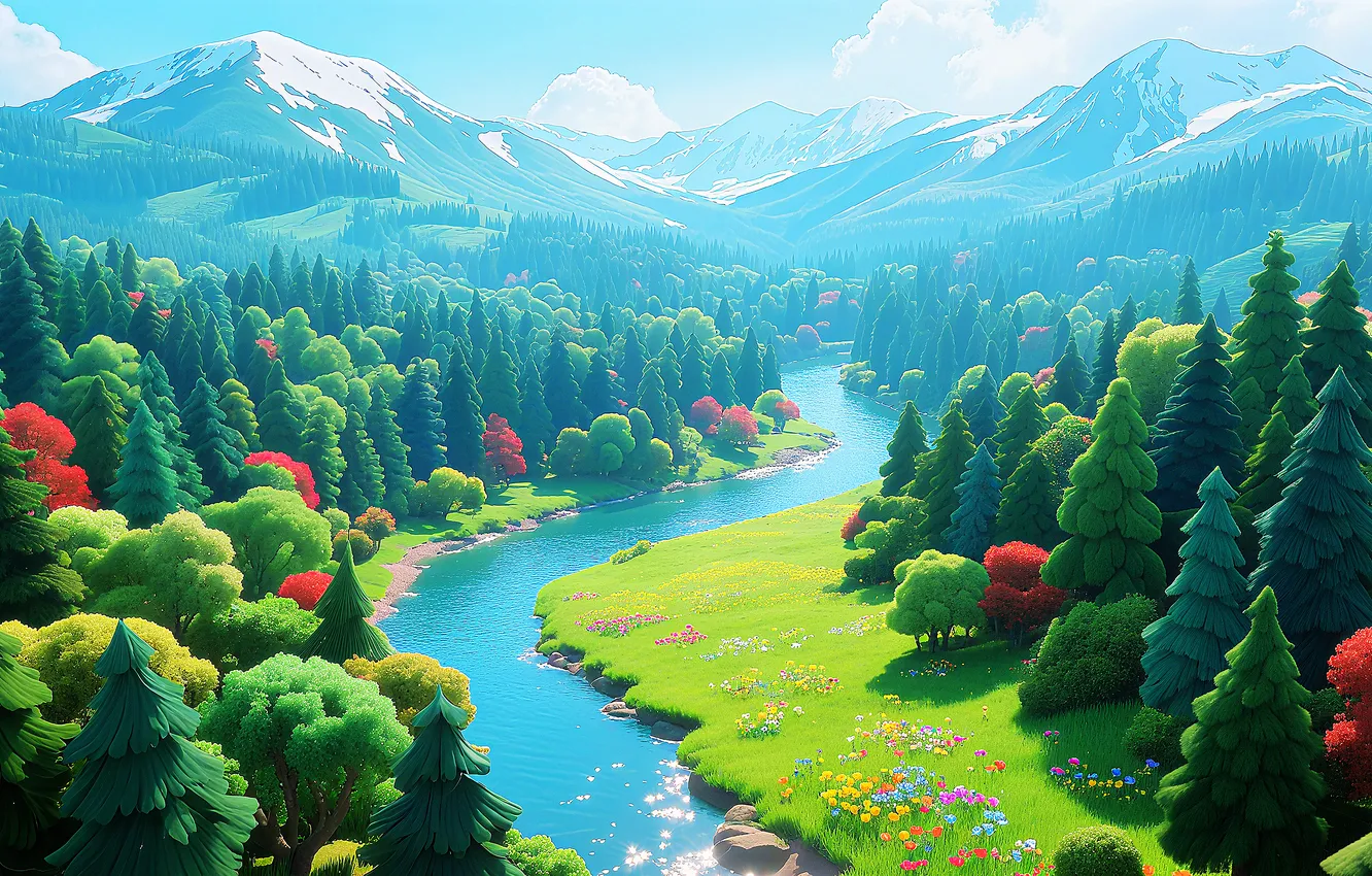 Photo wallpaper forest, river, landscape, art, mountains