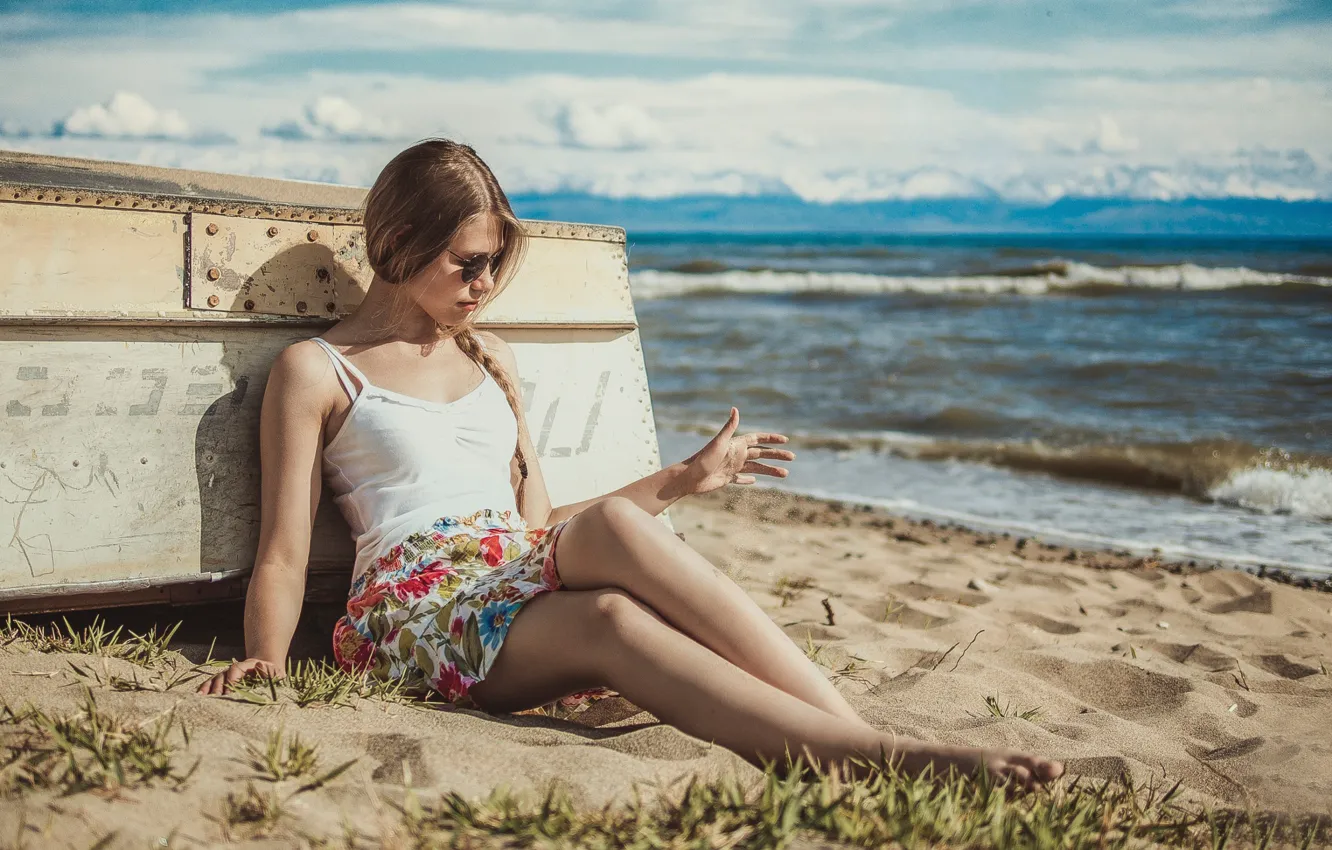 Photo wallpaper sand, sea, beach, boat, legs, Russia, Paul Smetanin, girl Masha