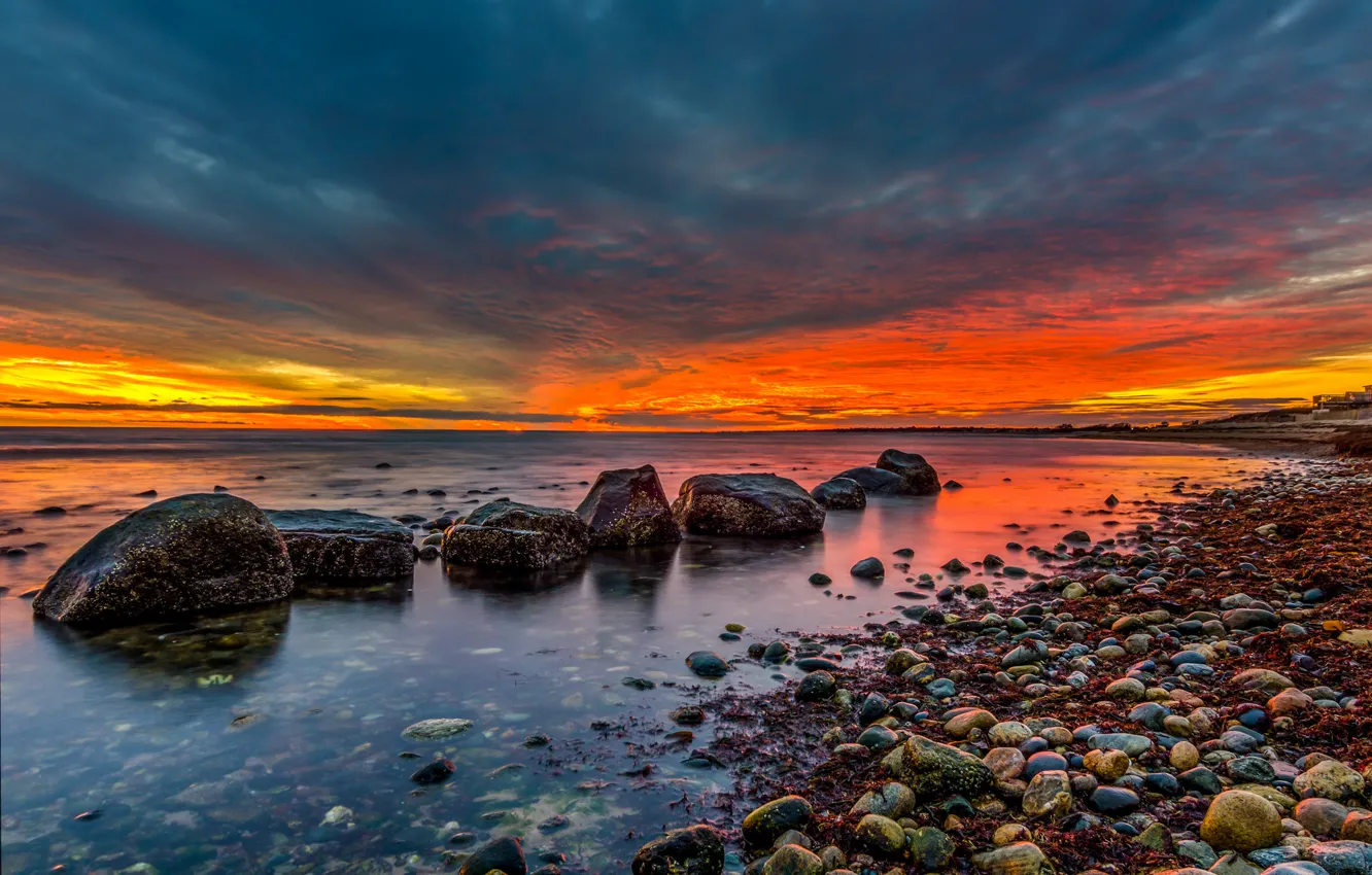 Photo wallpaper sea, the sky, clouds, stones, the evening, tide, glow