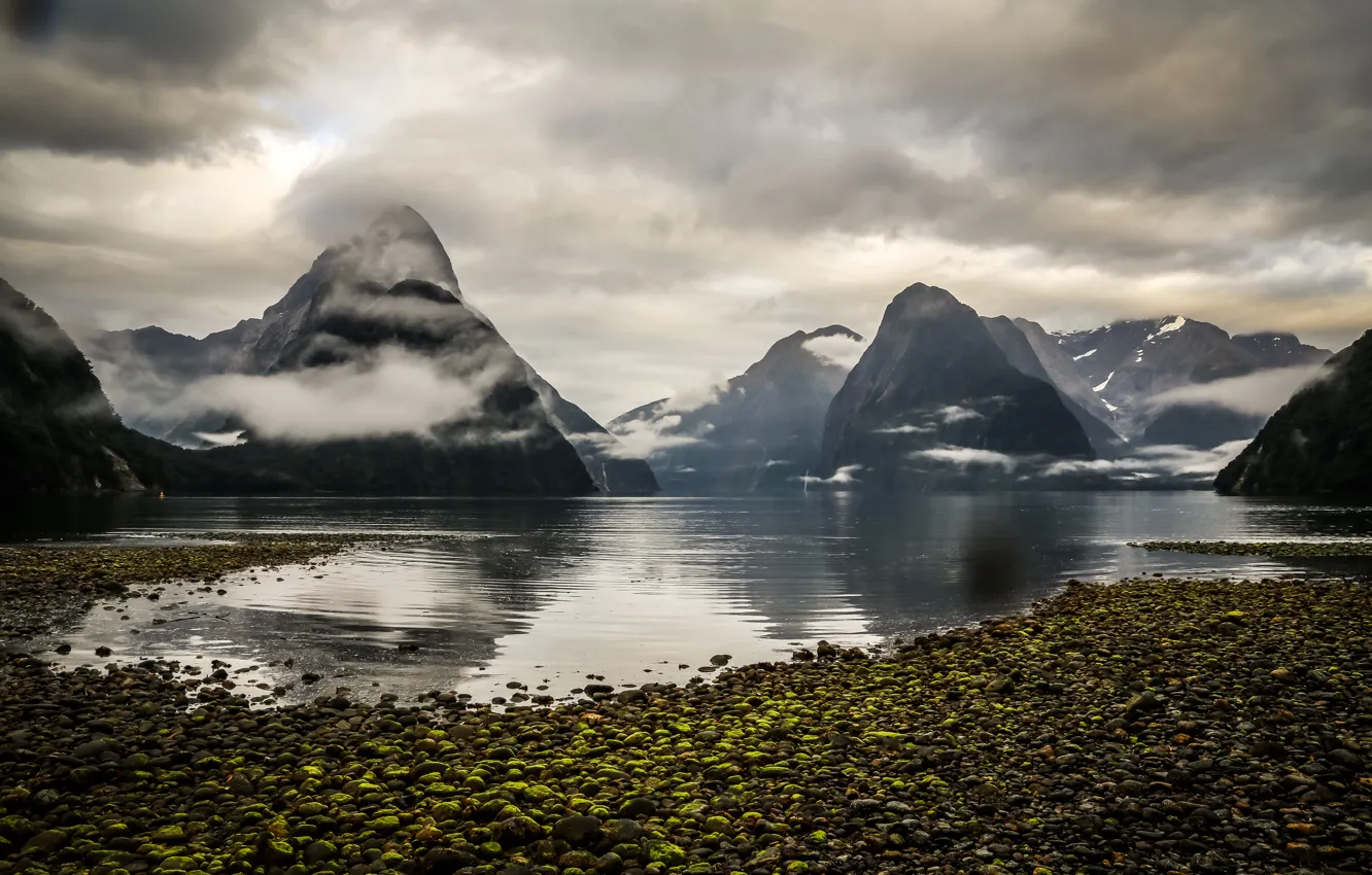 Photo wallpaper the storm, clouds, mountains, reflection, stones, New Zealand, mirror, mucus