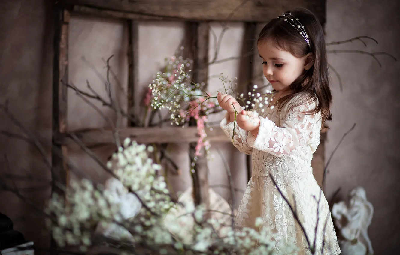 Photo wallpaper flowers, children, smile, girl