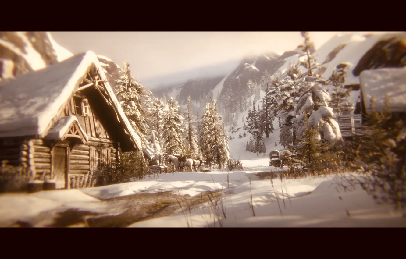 Photo wallpaper HDR, house, game, wood, winter, mountain, snow, coach