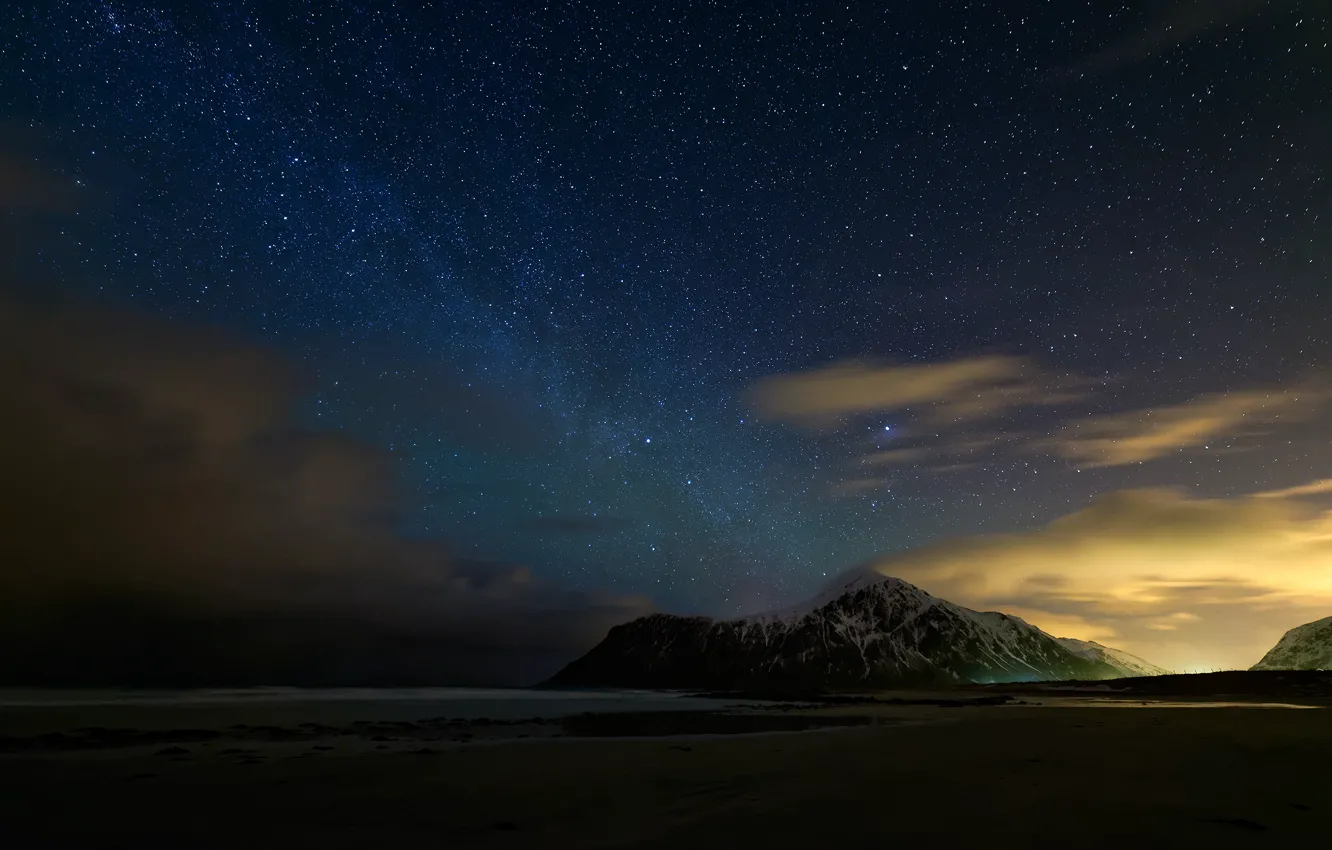 Photo wallpaper beach, the sky, stars, clouds, mountains, night, Norway, North