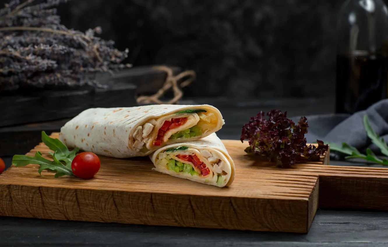 Photo wallpaper greens, bird, chicken, cheese, meat, vegetables, cherry, pita