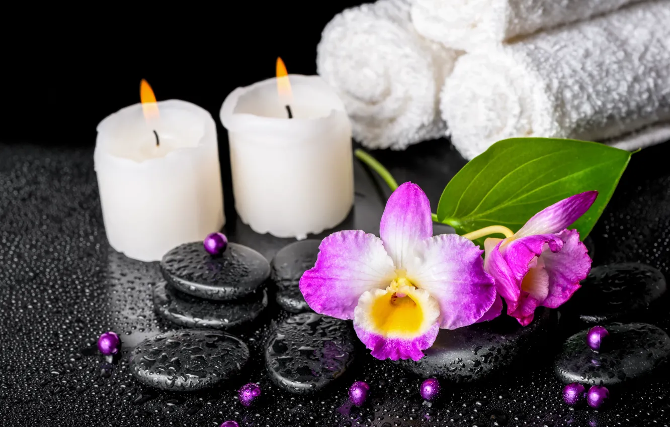 Photo wallpaper flowers, background, Spa, candles, spa, Spa stones