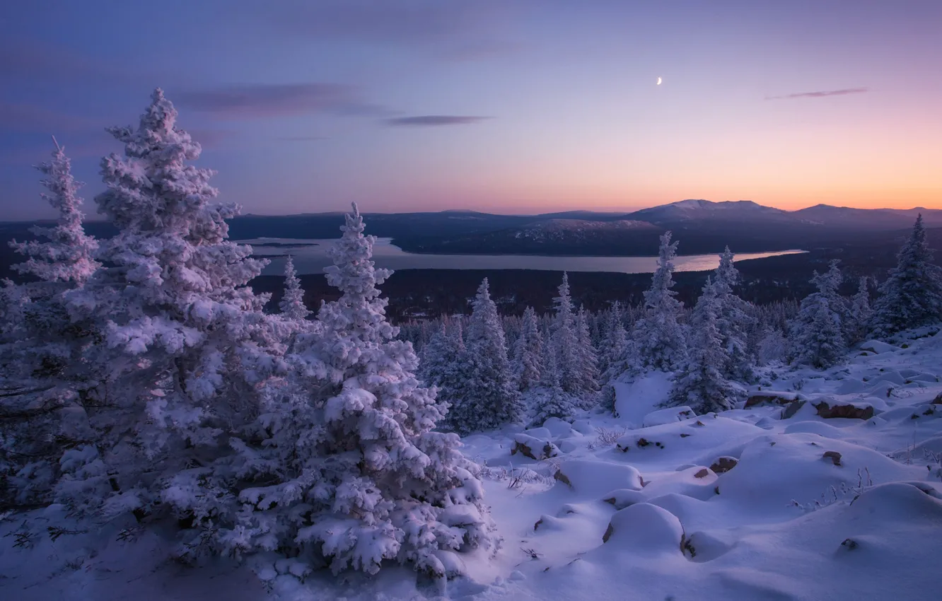 Photo wallpaper snow, trees, mountains, lake, ate, Russia, South Ural, Chelyabinsk oblast