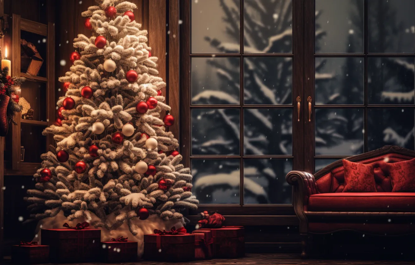 Photo wallpaper winter, decoration, room, balls, tree, interior, New Year, Christmas