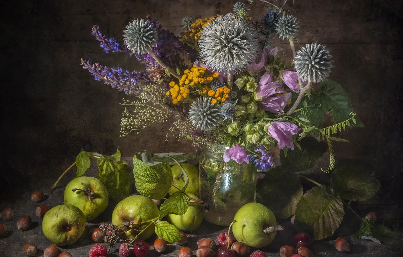 Photo wallpaper flowers, berries, apples, bouquet, Bank, nuts, still life, grass