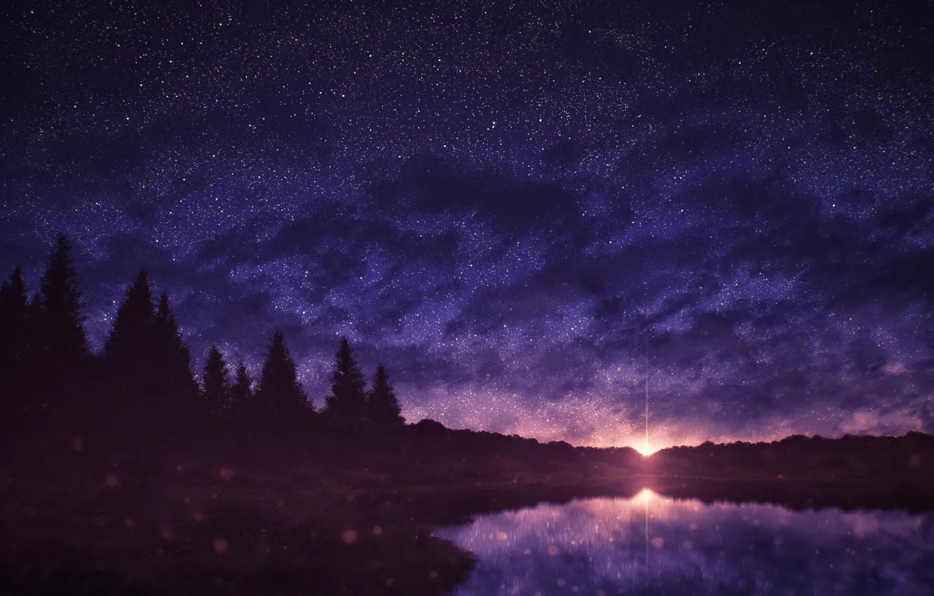 Photo wallpaper sunset, nature, ate, pond, starry sky