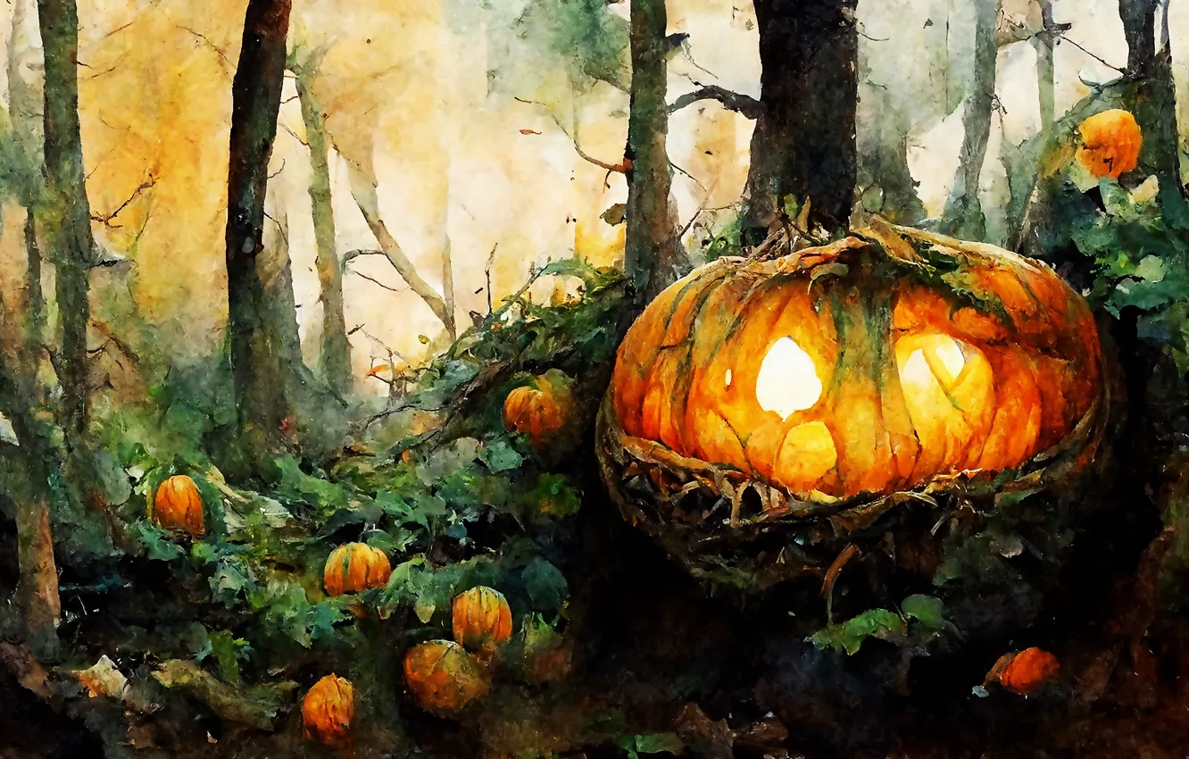 Photo wallpaper forest, leaves, light, trees, fog, figure, graphics, picture