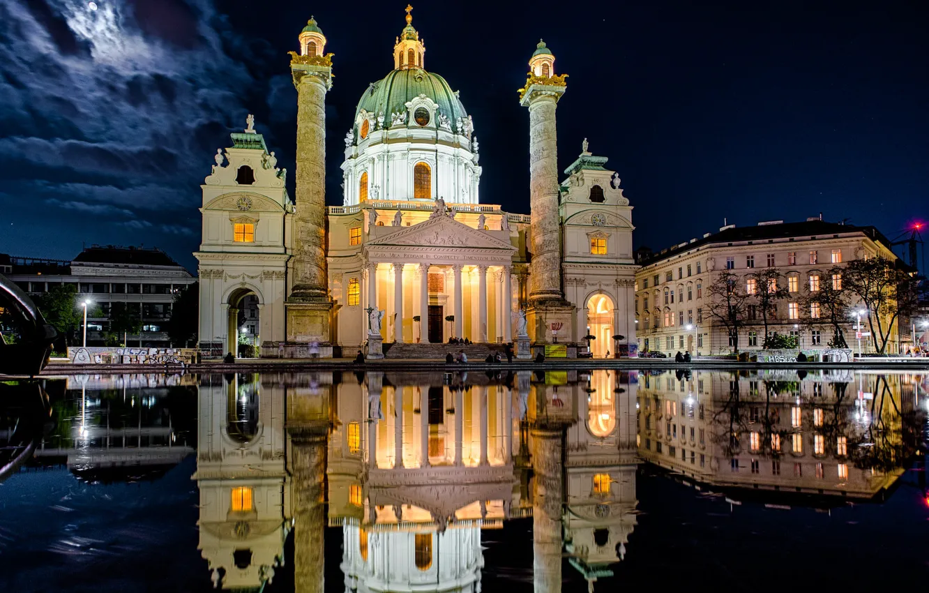 Photo wallpaper water, the city, reflection, building, the evening, pool, Austria, lighting