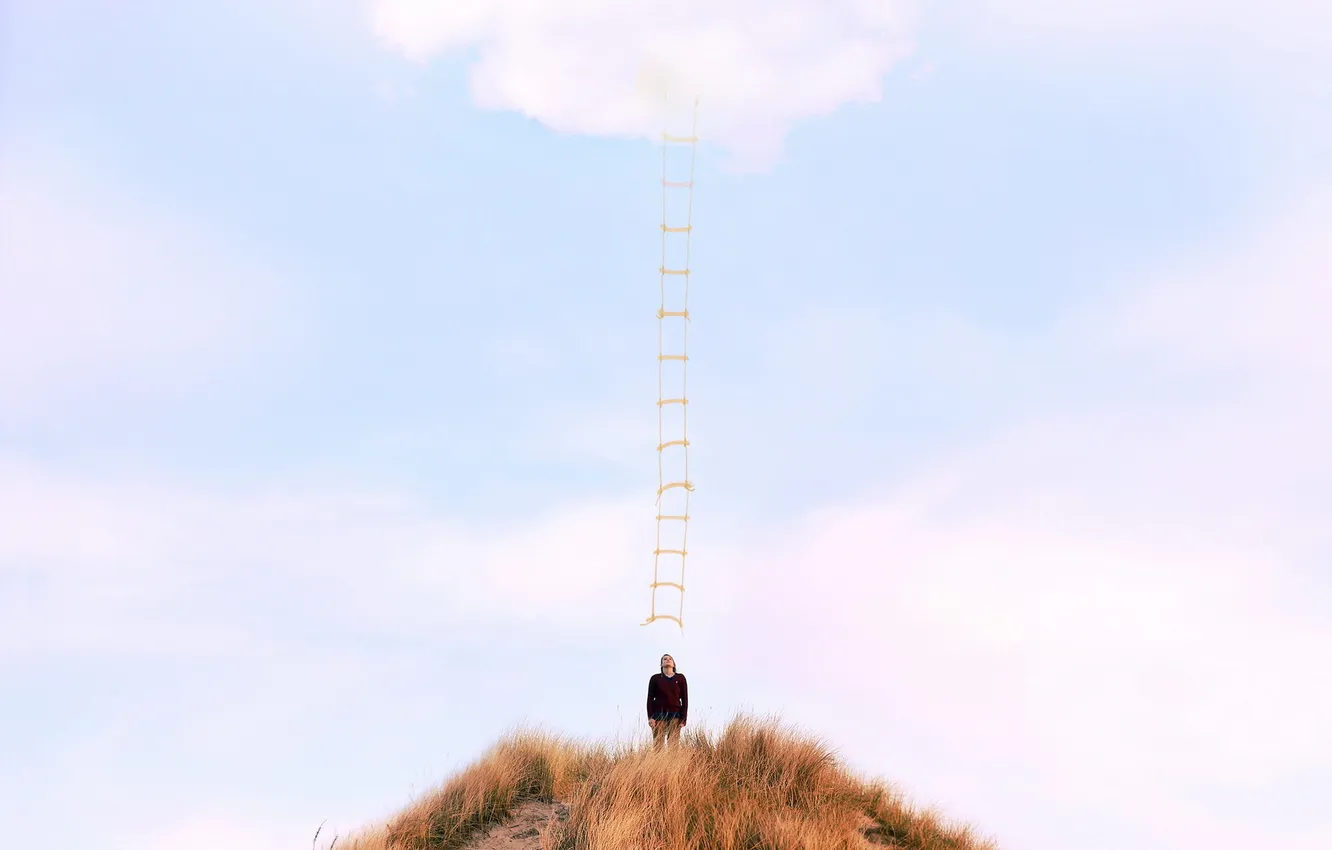 Photo wallpaper girl, clouds, ladder