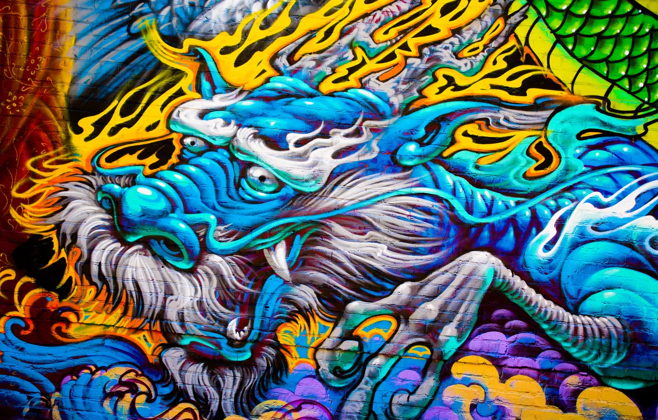 Photo wallpaper wall, graffiti, dragon, graffiti