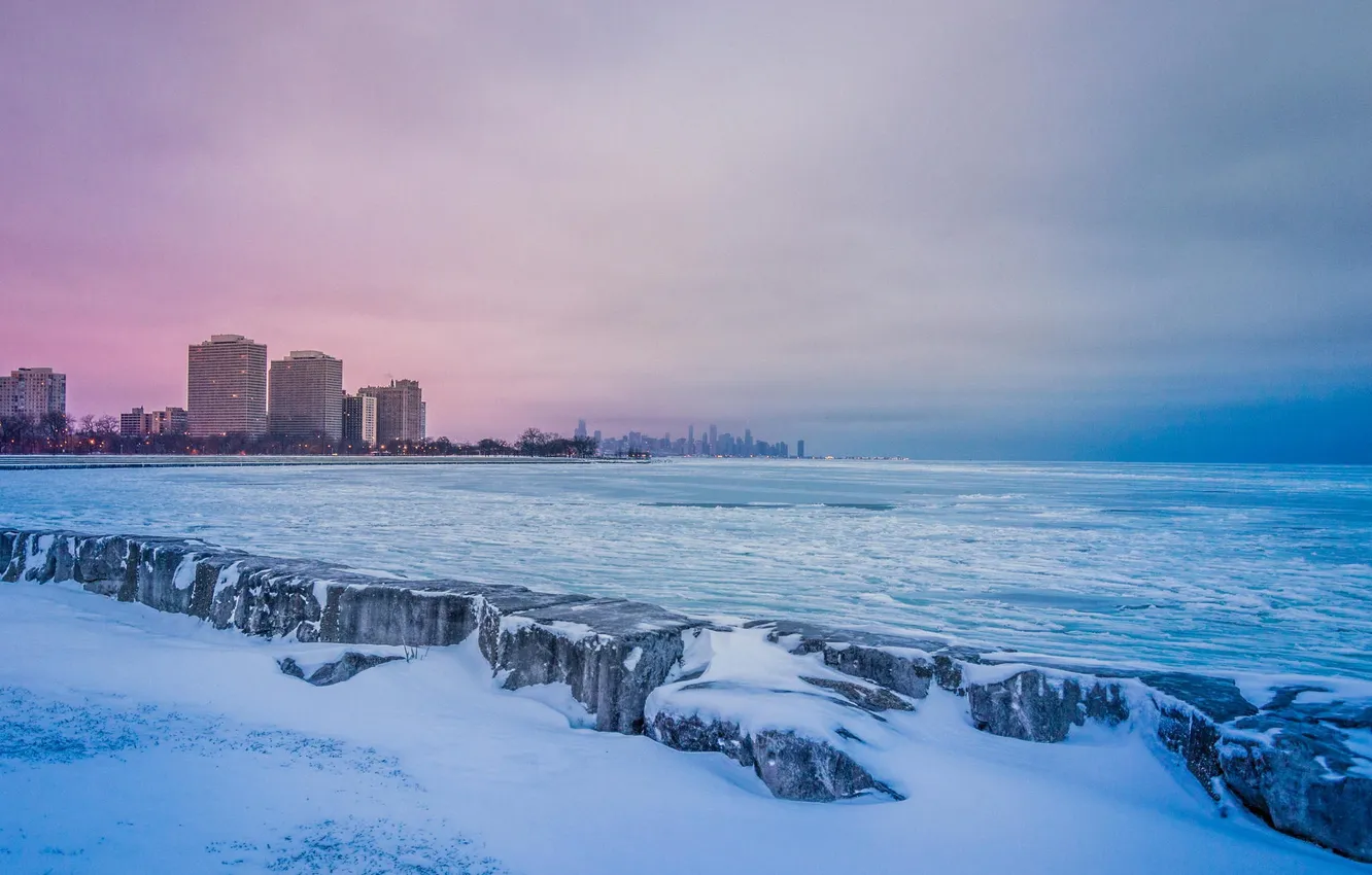 Photo wallpaper winter, snow, skyscrapers, Chicago, USA, Chicago, Illinois, megapolis
