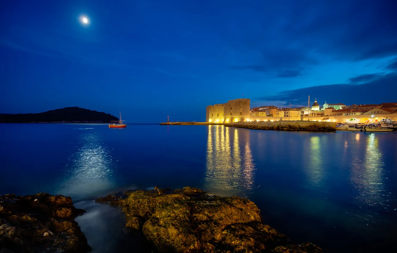 Photo wallpaper sea, night, the city, lights, the moon, boat, lighthouse, Bay