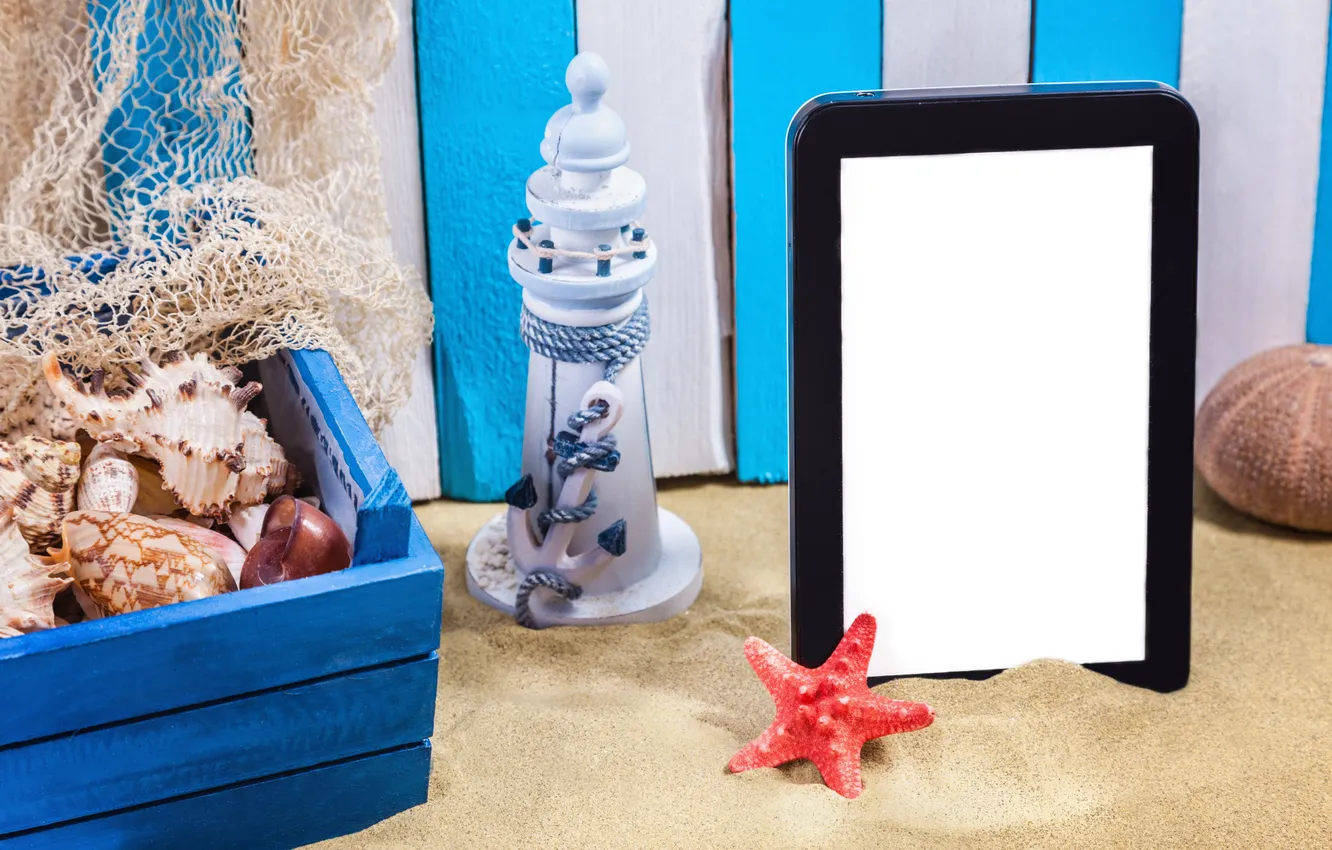 Photo wallpaper sand, lighthouse, shell, box, tablet