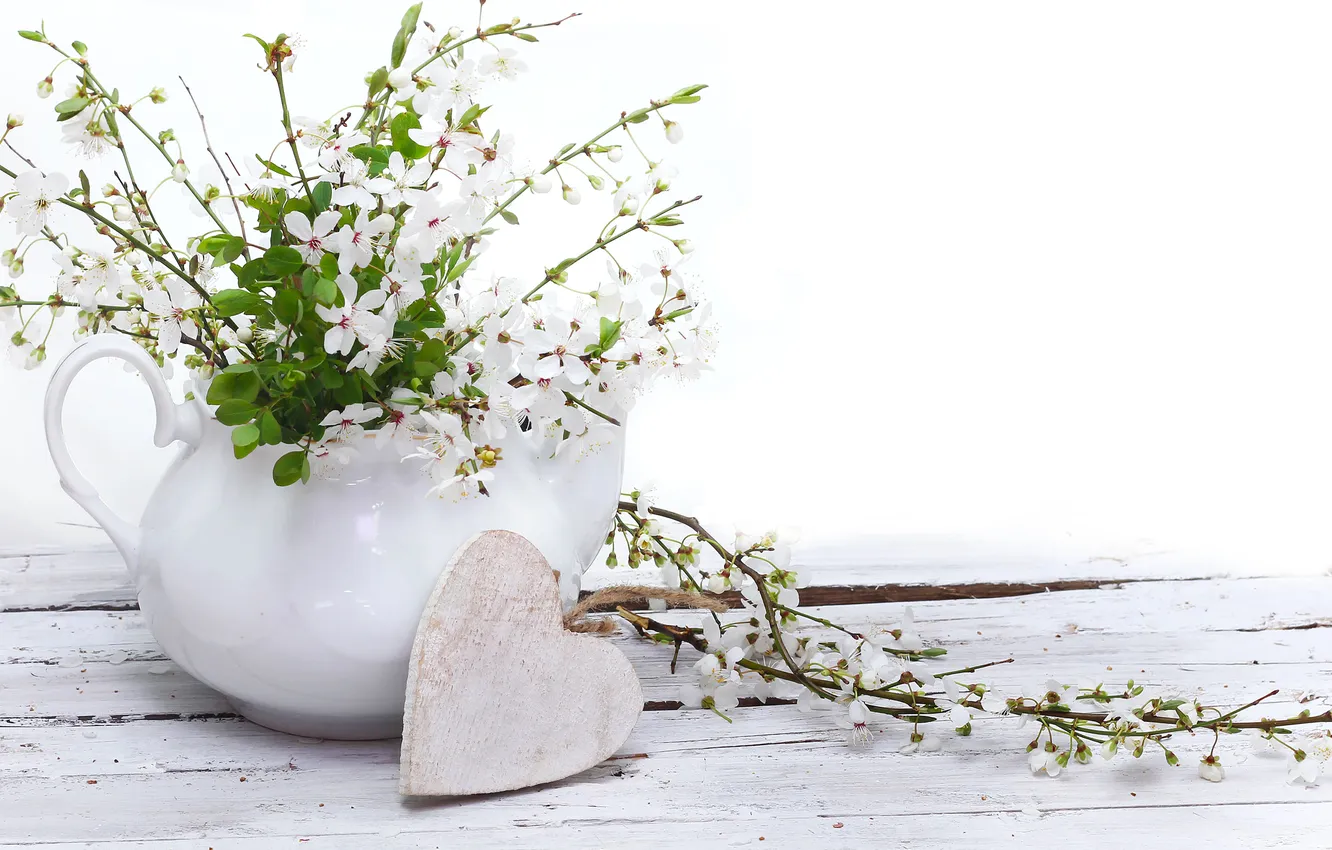 Photo wallpaper flowers, table, rope, hearts, vase