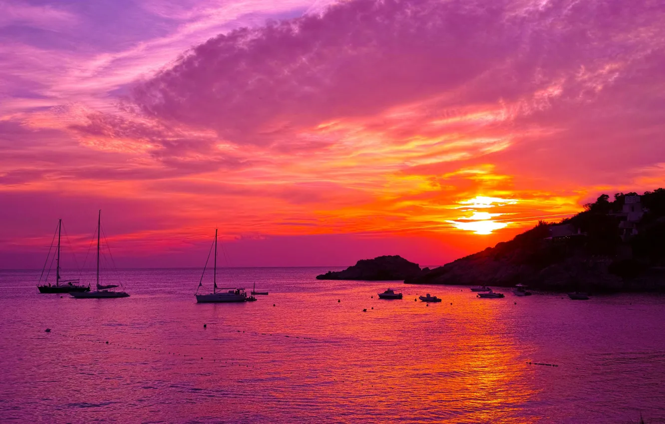 Photo wallpaper sea, clouds, sunset, rocks, Bay, yacht, glow