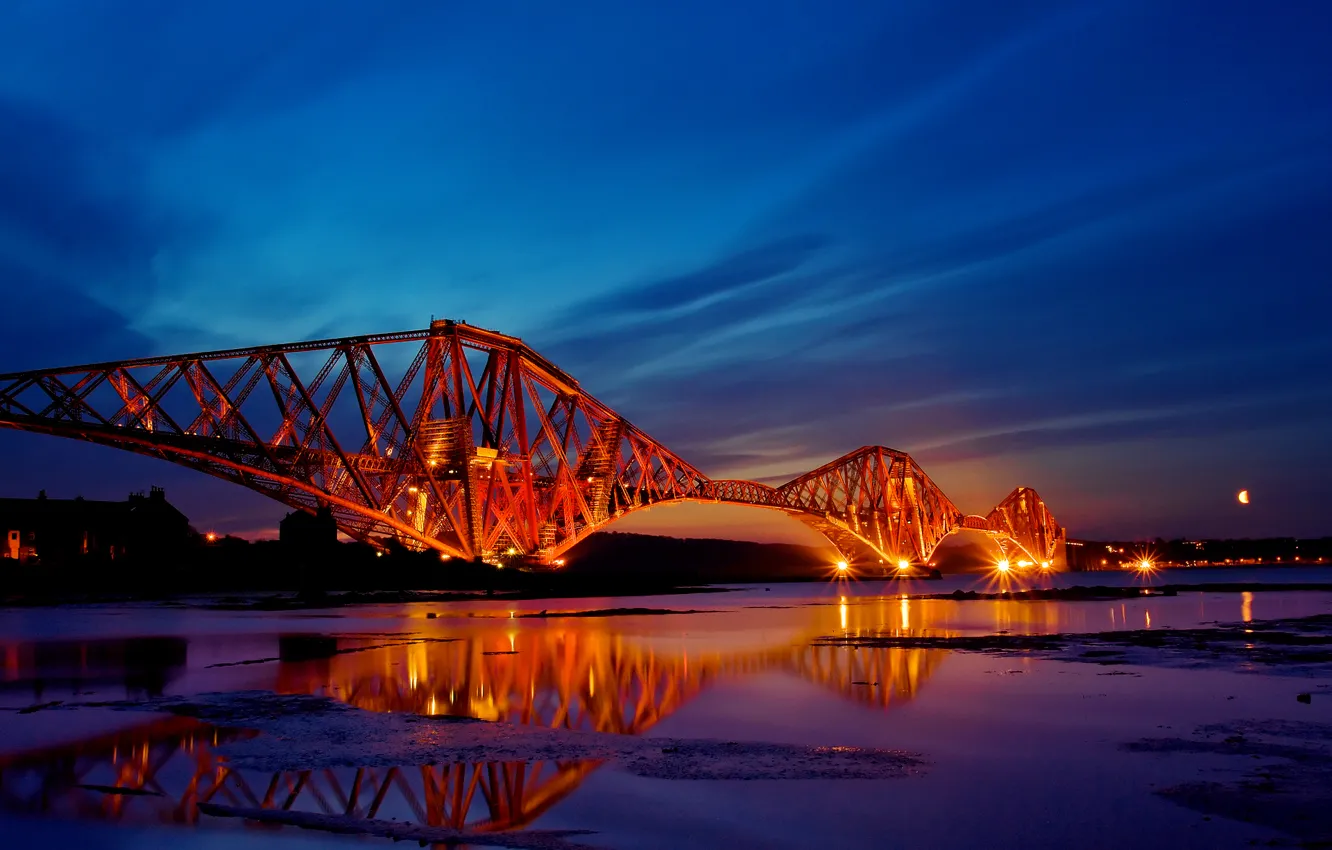 Photo wallpaper sunset, bridge, the city, lights, reflection, the evening, Scotland