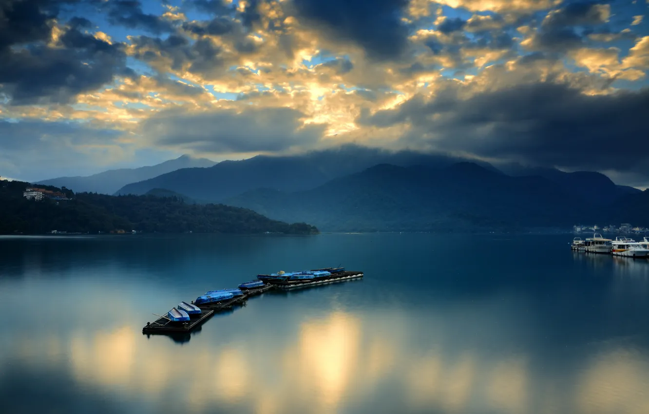 Photo wallpaper clouds, mountains, dawn, boats, Bay, ferry