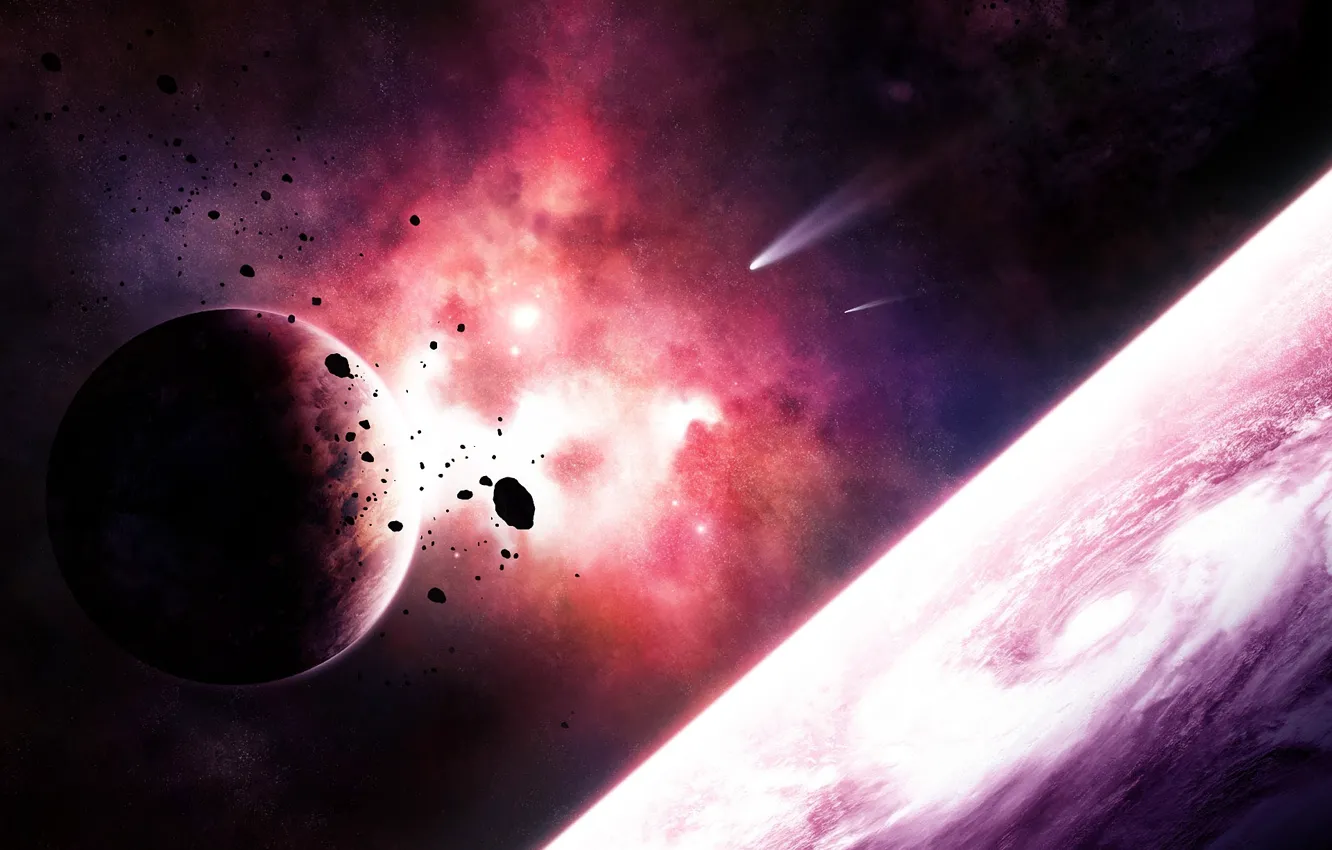 Photo wallpaper space, nebula, planet, satellite, asteroids, comet