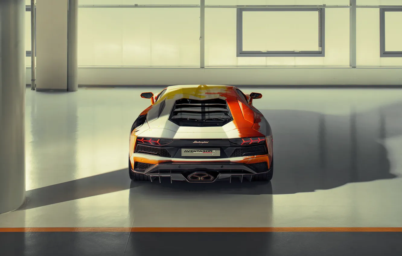 Photo wallpaper Lamborghini, sports car, rear view, exhaust, Aventador S, Skyler Grey