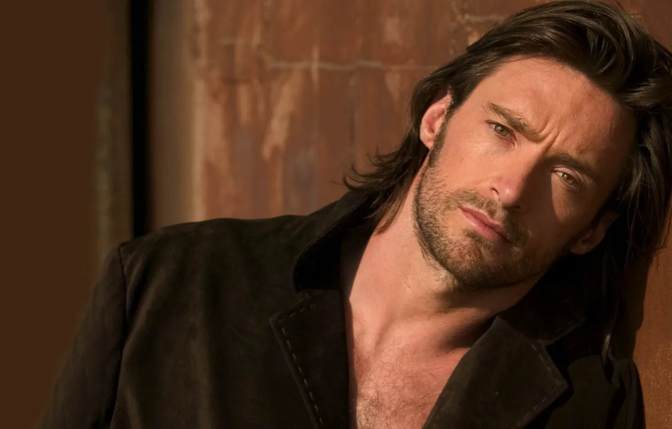 Photo wallpaper actor, male, long hair, Hugh Jackman, Hugh Jackman, brown jacket, a frown