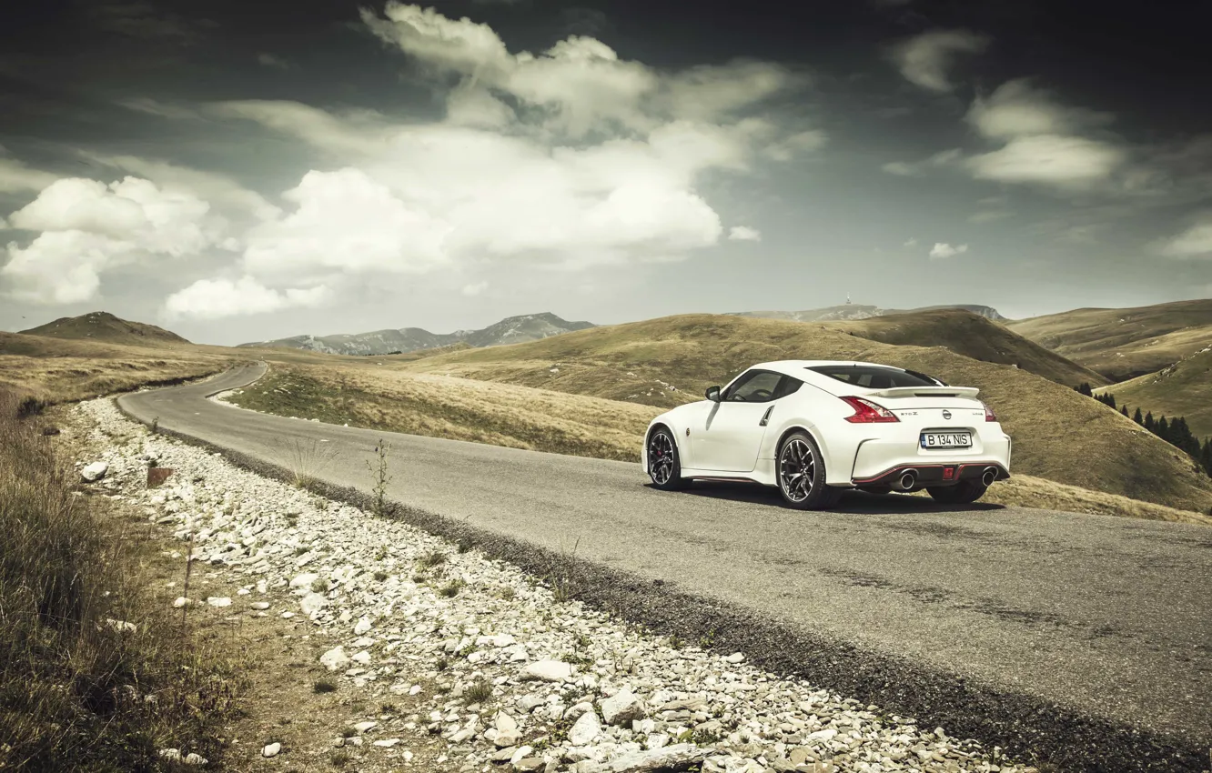 Photo wallpaper road, clouds, mountains, Nissan, solar, 370Z, rear