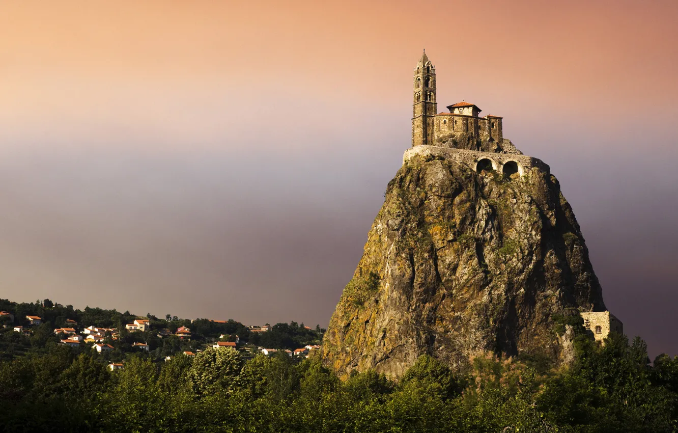 Photo wallpaper forest, castle, rocks, tops, fortress, the village