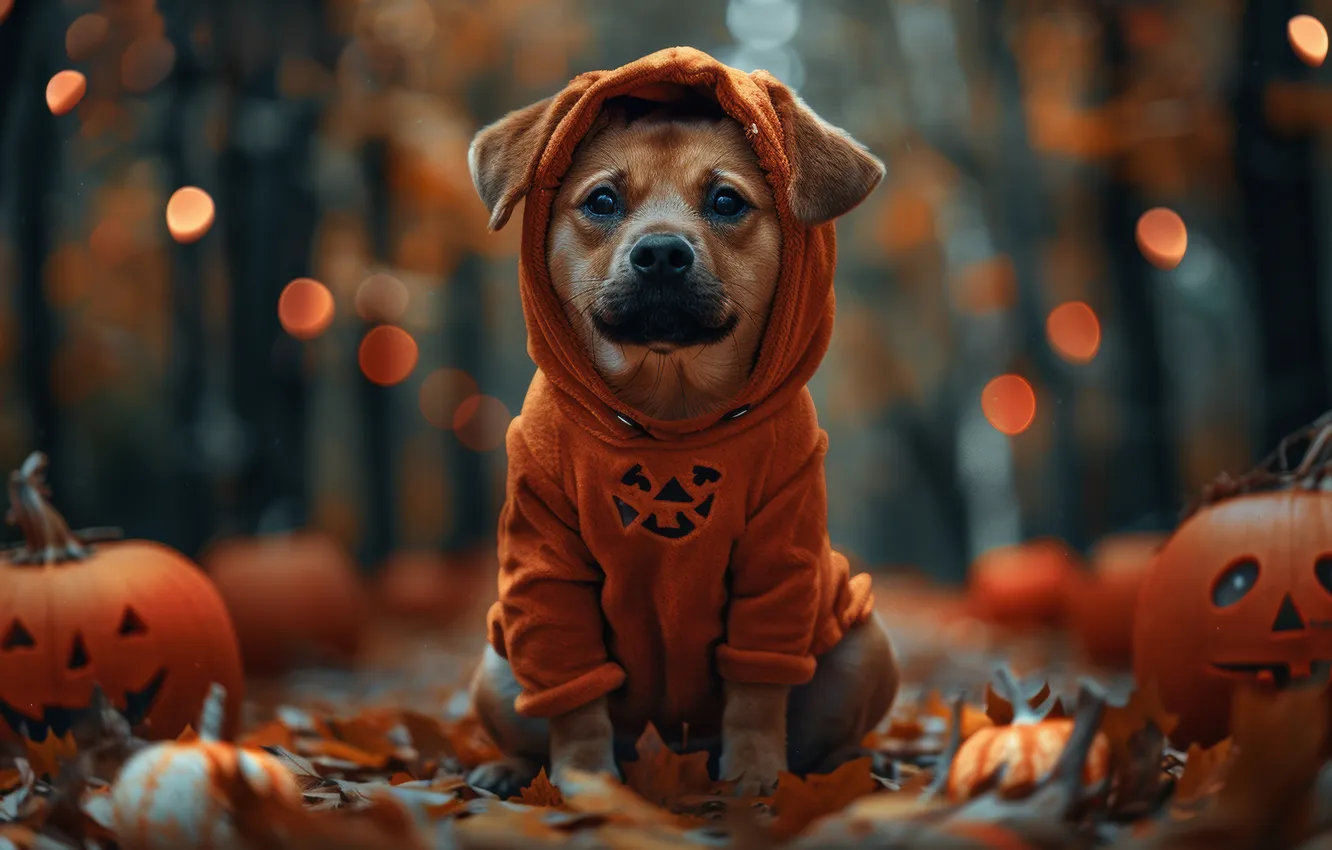 Photo wallpaper autumn, look, pose, holiday, dog, outfit, pumpkin, Halloween