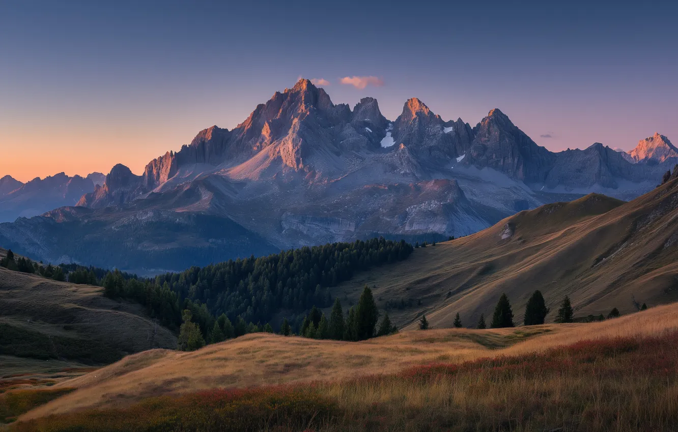 Photo wallpaper sunset, mountains, loneliness