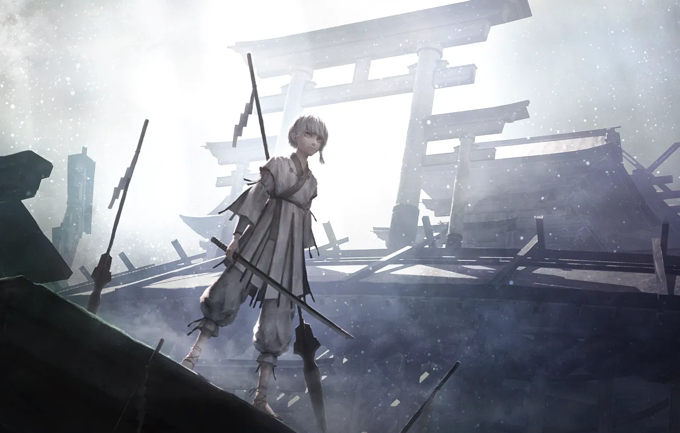 Photo wallpaper girl, weapons, fantasy, torii
