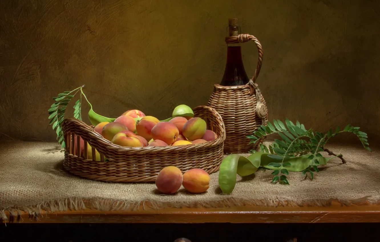 Photo wallpaper bottle, basket, apricots