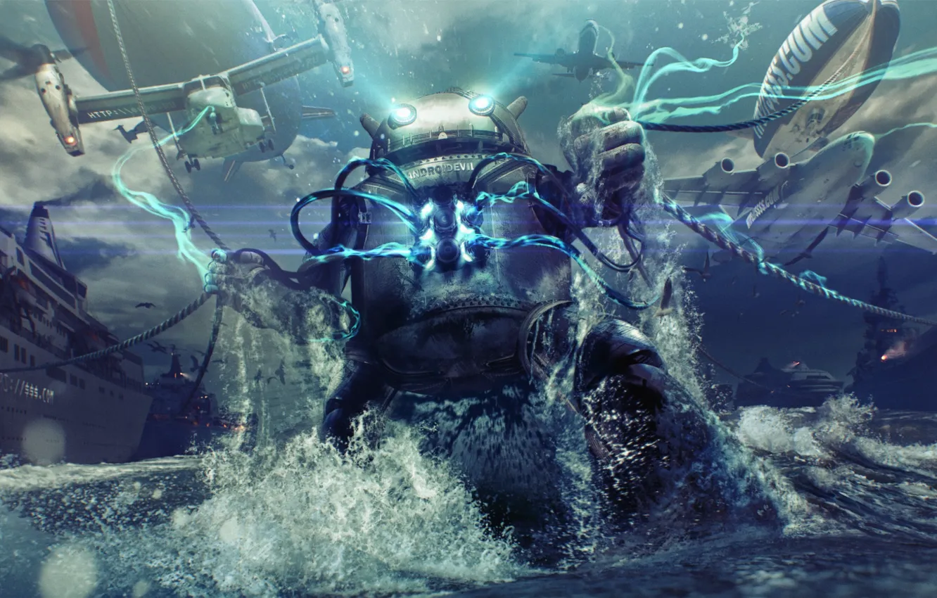 Photo wallpaper robot, art, Android, android evil