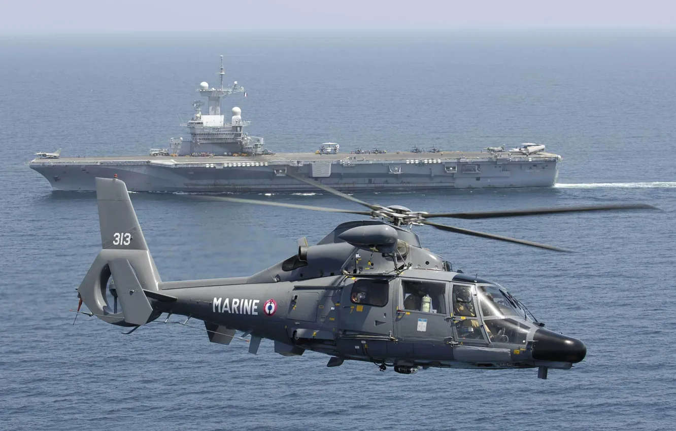 Photo wallpaper the ocean, the carrier, helicopter, multipurpose, Eurocopter, French, Dauphin, "Clemenceau"