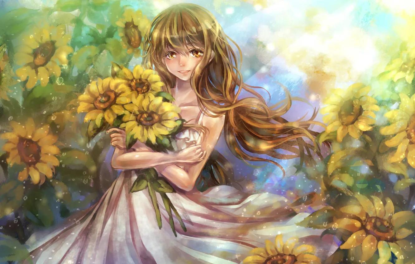 Photo wallpaper girl, sunflowers, flowers, smile, bouquet, art, tandolcedeco