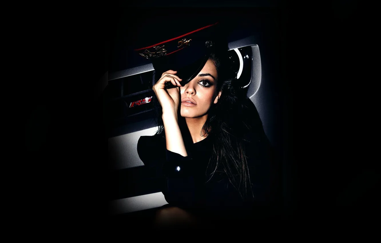 Photo wallpaper girl, brunette, cap, Mila Kunis, the dark background, Mila Kunis