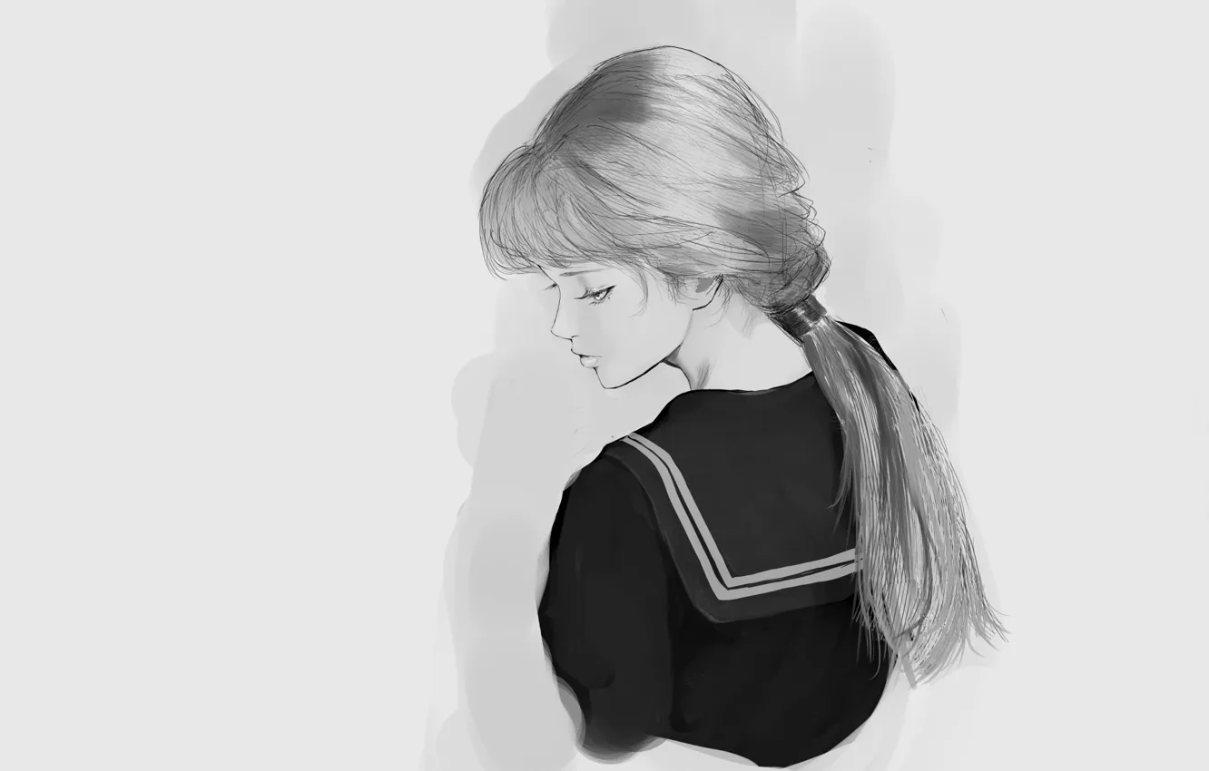 Photo wallpaper grey background, in profile, sailor, portrait of a girl, sideways, by Inoitoh