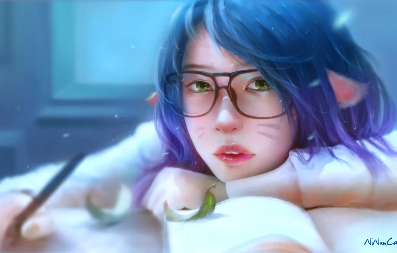 Photo wallpaper girl, glasses, ears, at the table, NiNen Cat