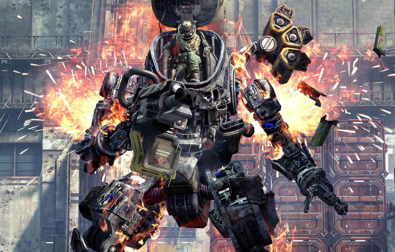 Photo wallpaper explosion, fire, gun, game, robot, weapon, war, man