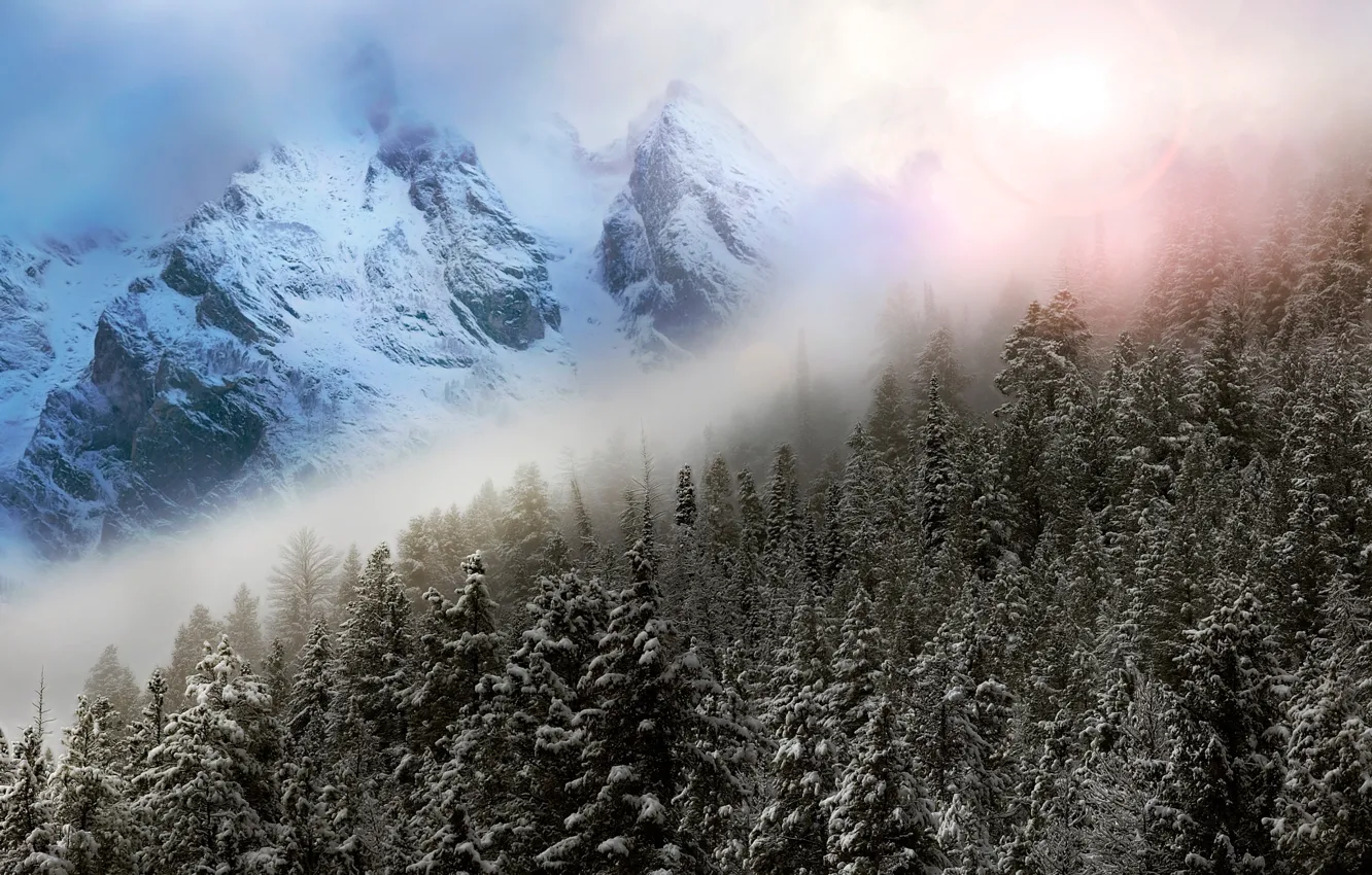 Photo wallpaper winter, the sky, mountains, fog, glare, photoshop