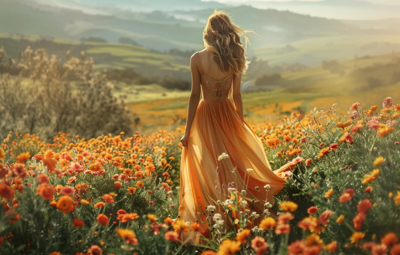 Photo wallpaper field, summer, girl, flowers, nature, dress, meadow, is back