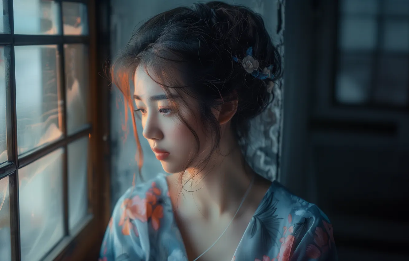 Photo wallpaper look, glass, girl, light, pose, room, wall, frame