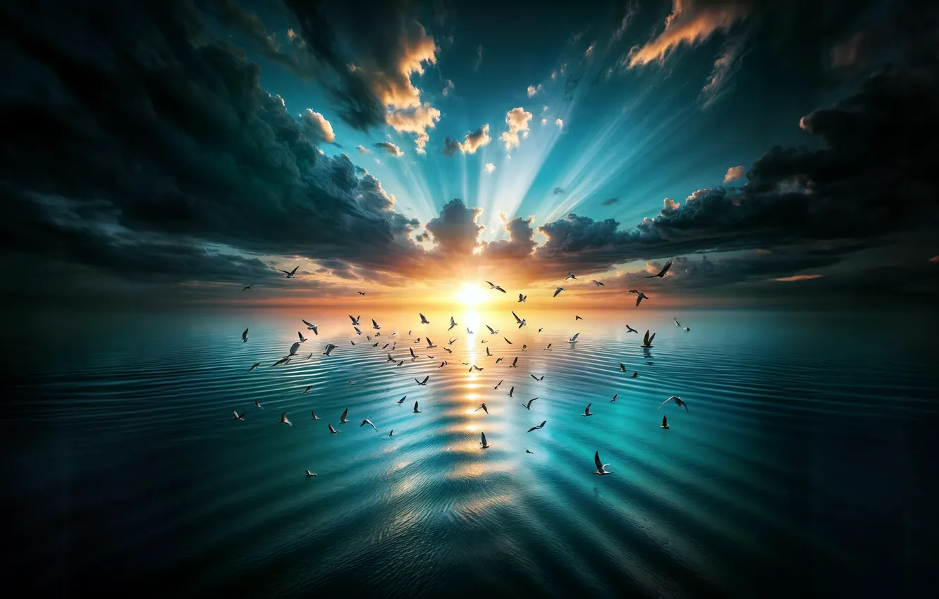 Photo wallpaper the sky, the sun, clouds, rays, clouds, dawn, bird, view