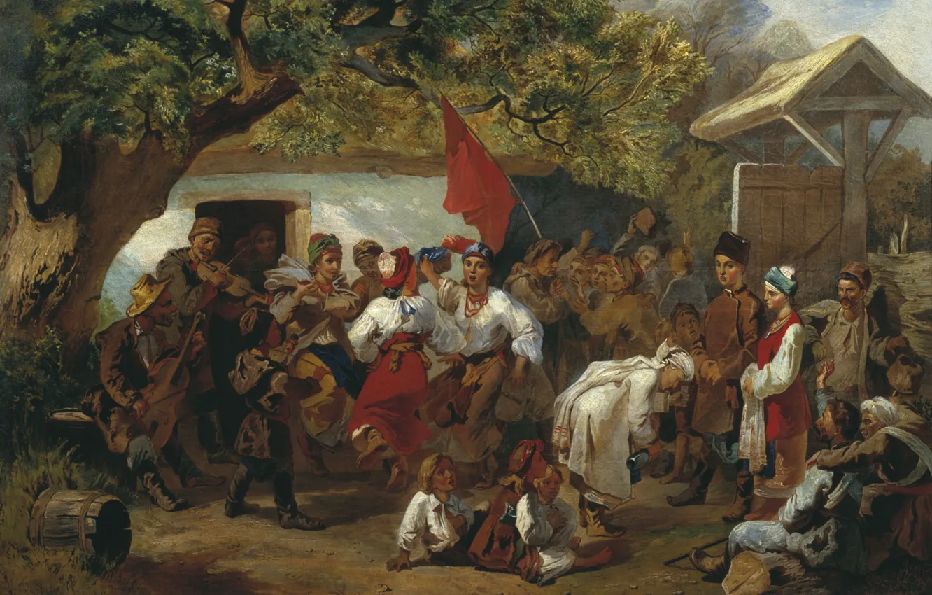 Photo wallpaper oil, village, Canvas, Wedding, 1860, red flag, Ivan SOKOLOV