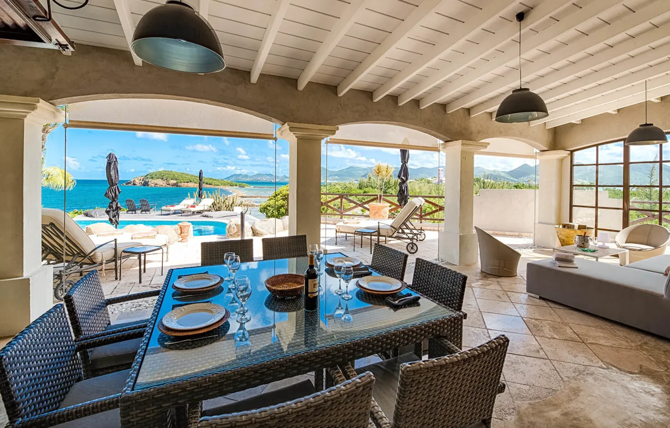 Photo wallpaper design, style, Villa, interior, pool, terrace, living room, dining room