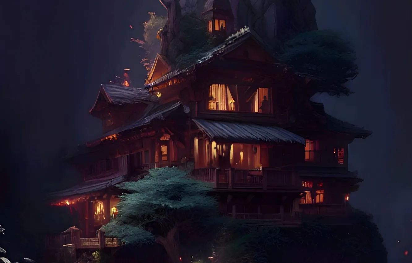 Photo wallpaper roof, trees, people, grey background, the light in the Windows, multi-storey building